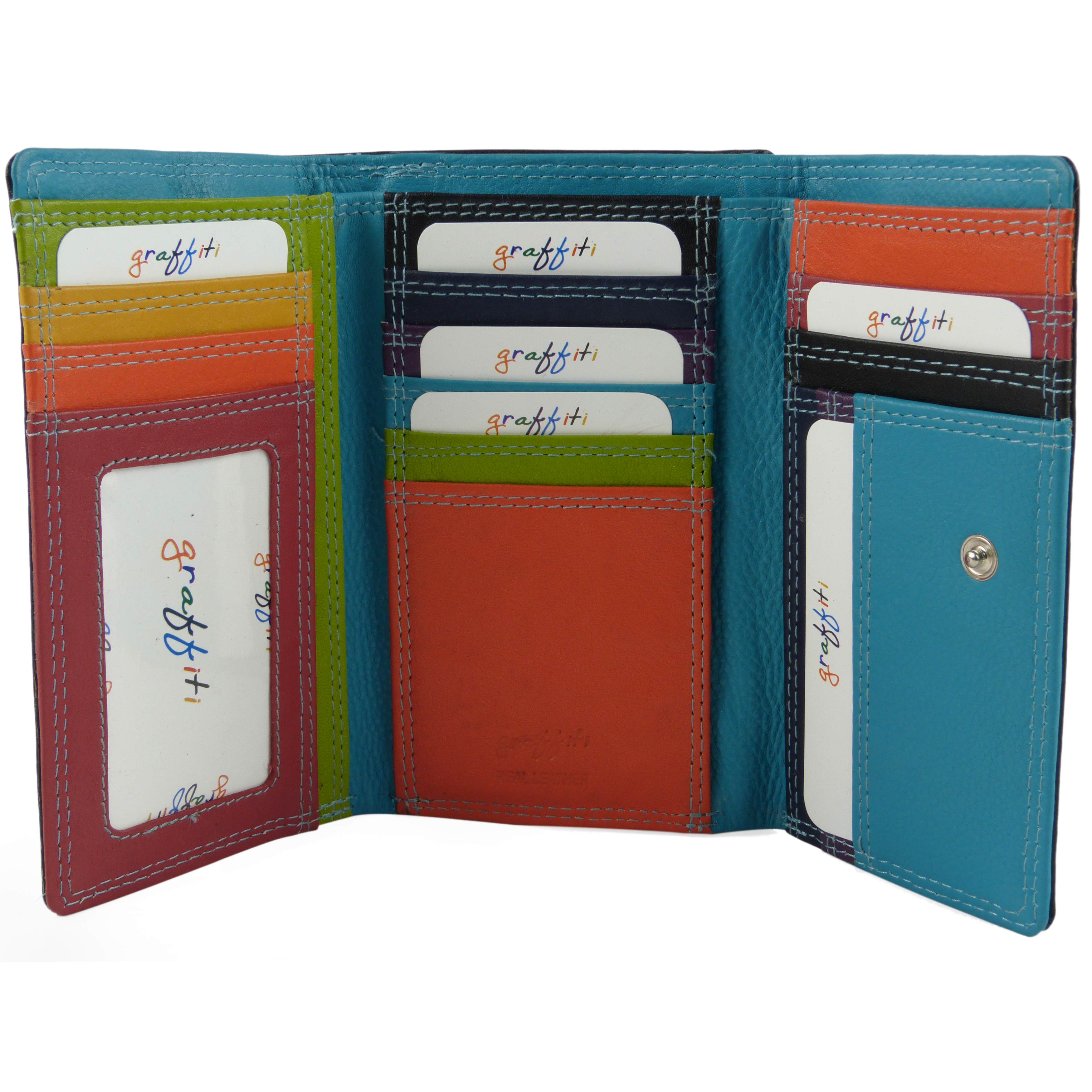 NEW Ladies FlapOver Tab Leather Tri-Fold PURSE WALLET Golunski Graffiti Gift Box