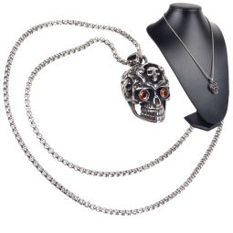 Pickled Moon Mens Stainless Steel Red Stone Skull Pendant & Chain Long Necklace