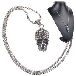 Pickled Moon Mens Stainless Steel Ridge Skull Pendant & Chain Long Necklace