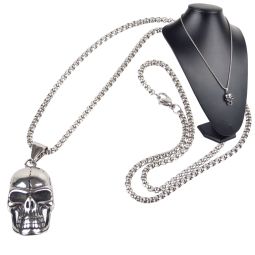 Pickled Moon Mens Stainless Cracked Skull Pendant & Chain Long Necklace