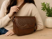Oakridge Leather Ladies Woven Design Cross Body Saddle Bag