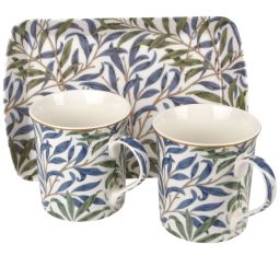 William Morris Willow Bough Leaves Set of 2 China Mugs with Tray The Leonardo Collection