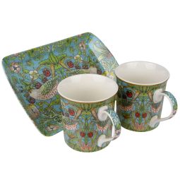 William Morris Strawberry Thief Set of 2 China Mugs with Tray The Leonardo Collection