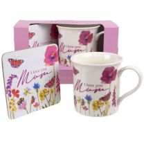 Jennifer Rose "I Love You Mum" China Mug & Coaster Gift Set Pretty Floral Mothers Day