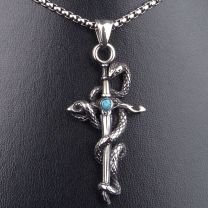Pickled Moon Mens Stainless Steel Sward & Serpent Pendant & Long Chain Necklace