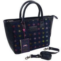 Ladies Leather & British Tweed Grab Bag by Mala; Abertweed Collection Handbag-Navy Spot