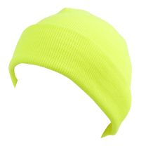 Unisex Neon Soft Knitted Beanie Turn-Up Hem Hat Hi-Vis-Yellow