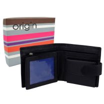 Mens Black Leather Tabbed Wallet by Mala Leather; Origin Collection Gift Boxed Coin Section 