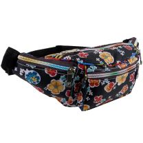 Funky Black Floral Nylon Bum Bag Fanny Pack Rainbow Zips Travel Holiday Security