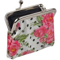 Womens Oil Cloth Clasp Coin Purse Polka Dot & Rose Design