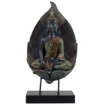 Thai Buddha Verdigris Finish on stand Leaf Background