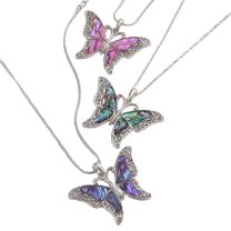 Ladies Inlaid Paua Shell & Filigree Butterfly Pendant Necklace Statement