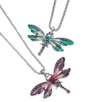 Ladies Enamel Crystal Sparkly Dragonfly Pendant Necklace on Chain Statement