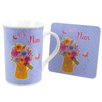 “Best Nan” Mug and Coaster Set with Butterfly Bouquet Design 
