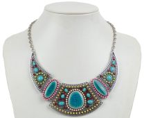Turquoise and Glass-Crystal Ethnic Necklace Statement Piece 
