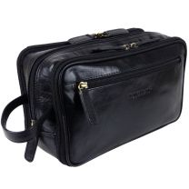 Rowallan of Scotland Men’s Black Leather Medium Travel Washbag/Toiletry Bag 