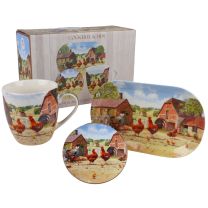 The Leonardo Collection Mug, Tray and Coaster Gift Set Cockerel and Hen Farm Scene