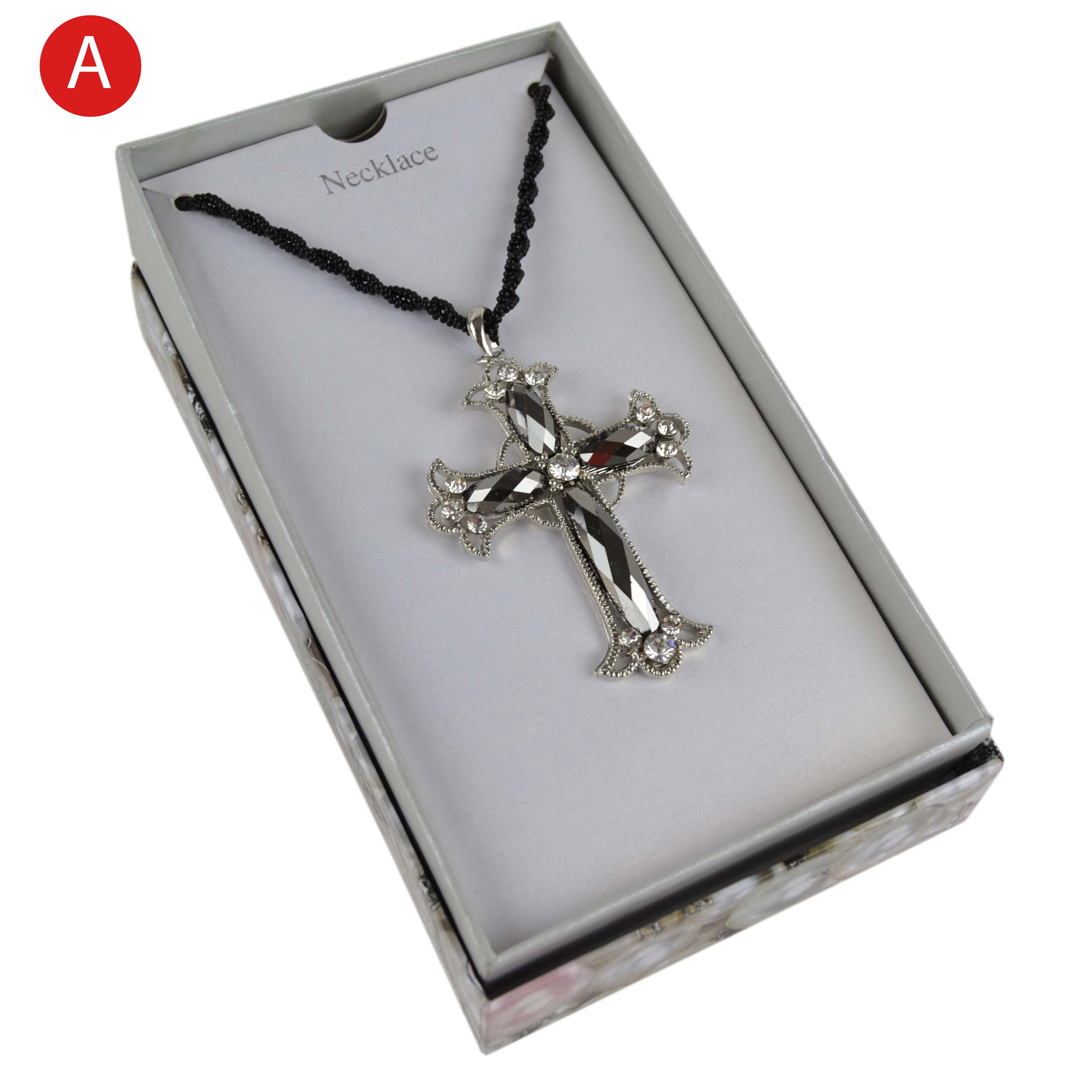 Ladies Crystal & Filigree Cross Pendant Necklace Statement Religious Sparkle