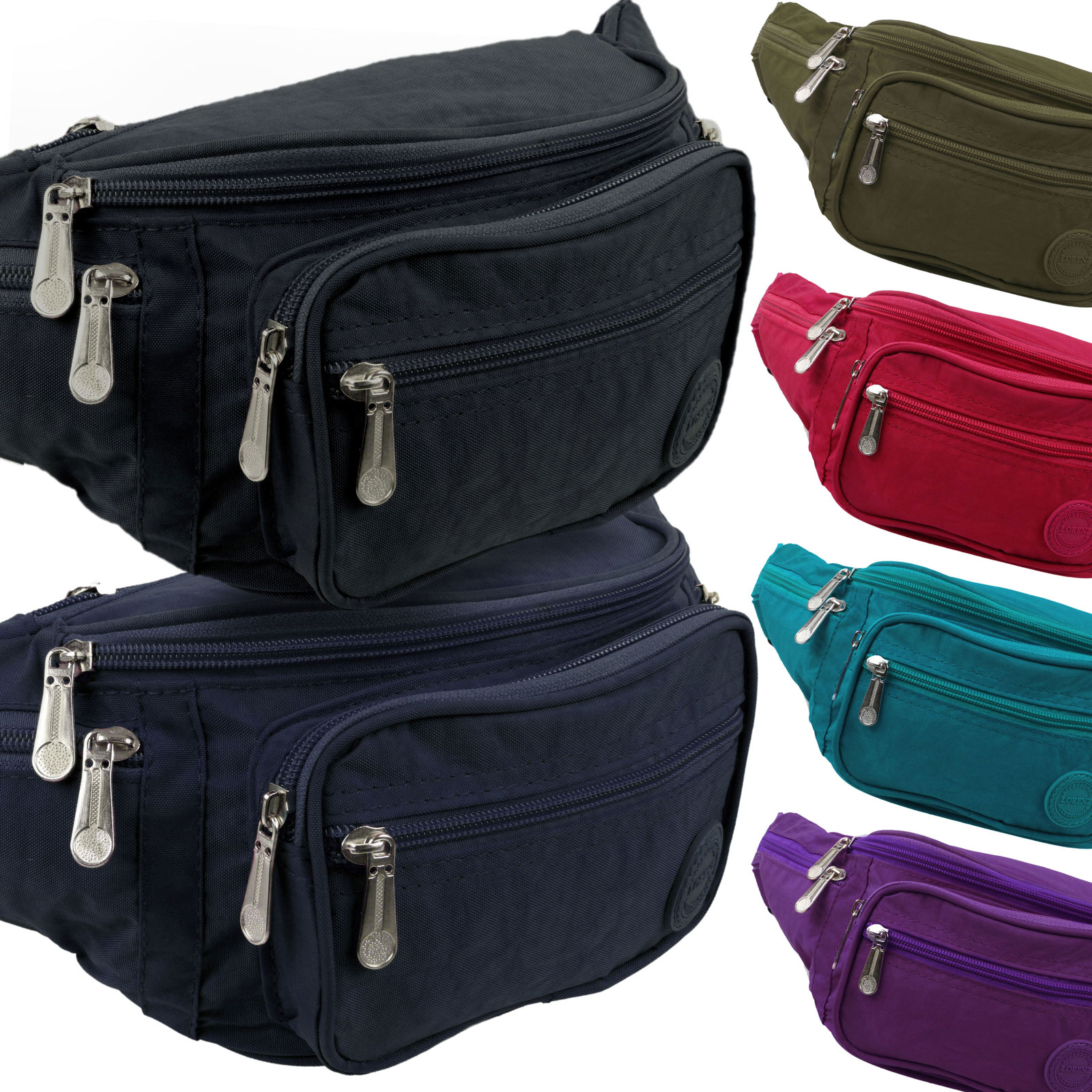 Lorenz Unisex Crinkle Nylon Bum Bag Money Belt Pouch Several Zip Compartments