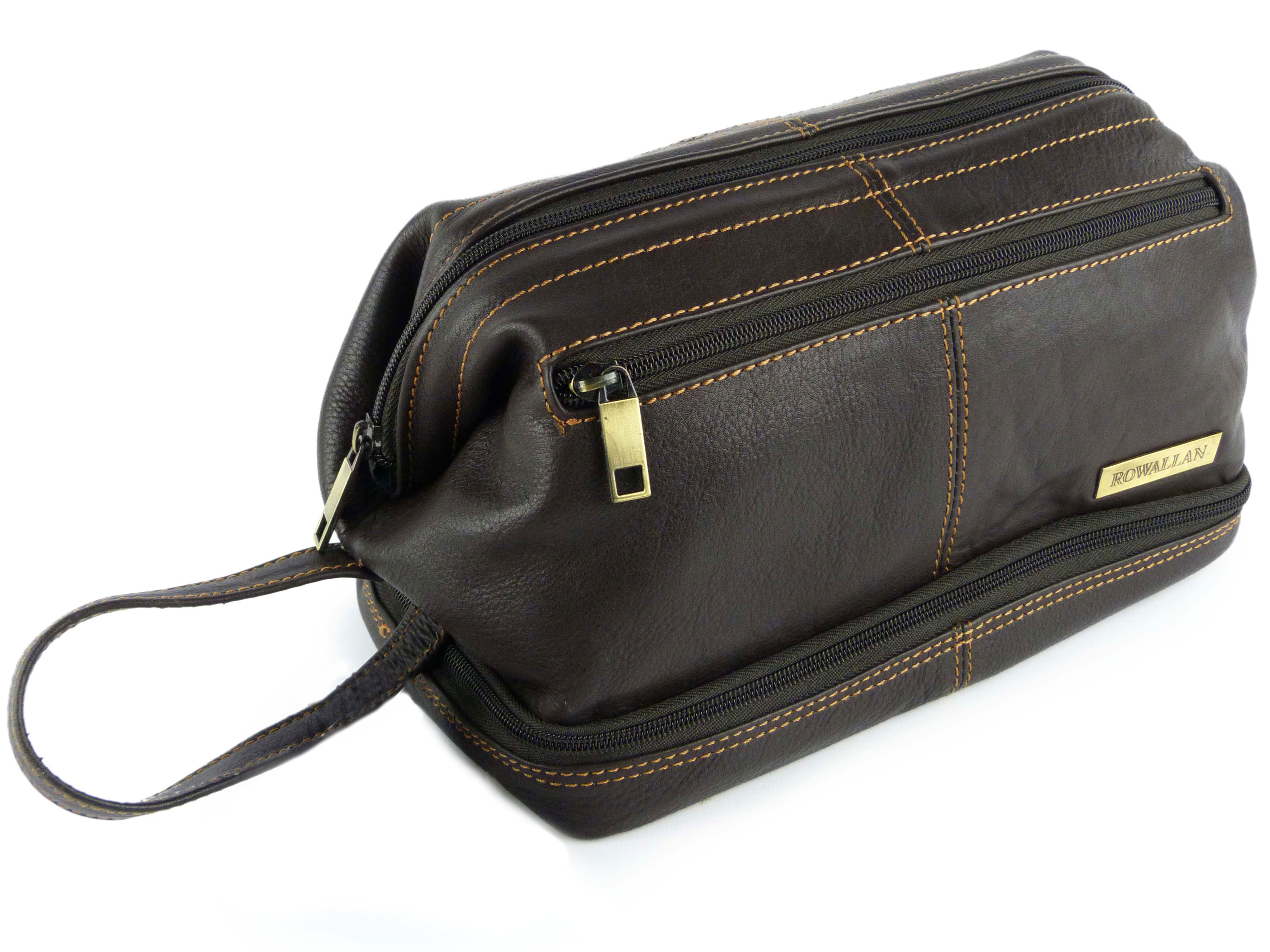 New Mens Rowallan Brown Leather Wash Bag Top Frame Travel Toiletries Quality | eBay