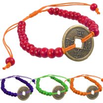 New Wooden Bead Good Luck Feng Shui Bracelets Chinese Coin Good Luck 4 Colours