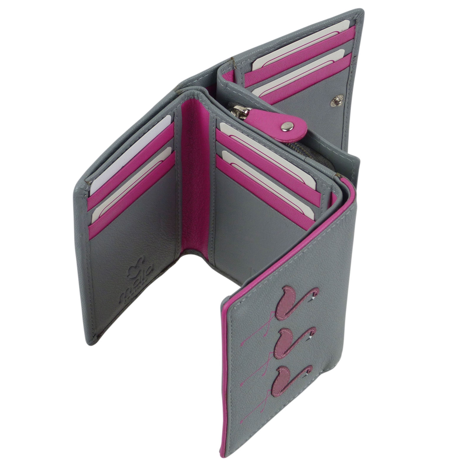 Ladies Leather TriFold Purse/Wallet with Flamingoes by Mala Freya