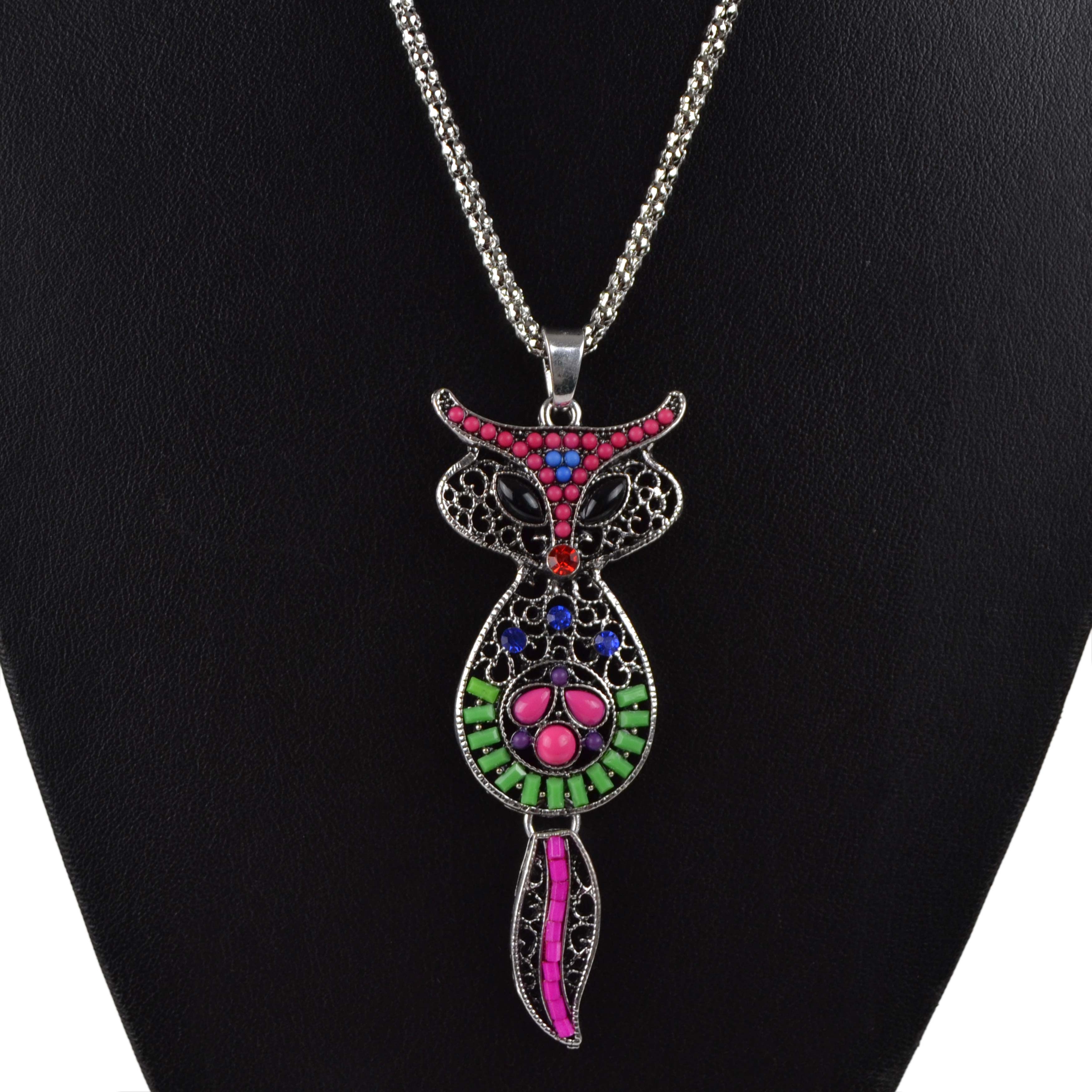 Ladies Long Crystal & Beaded FOX Pendant Necklace on Chain Cute Statement - Picture 3 of 5