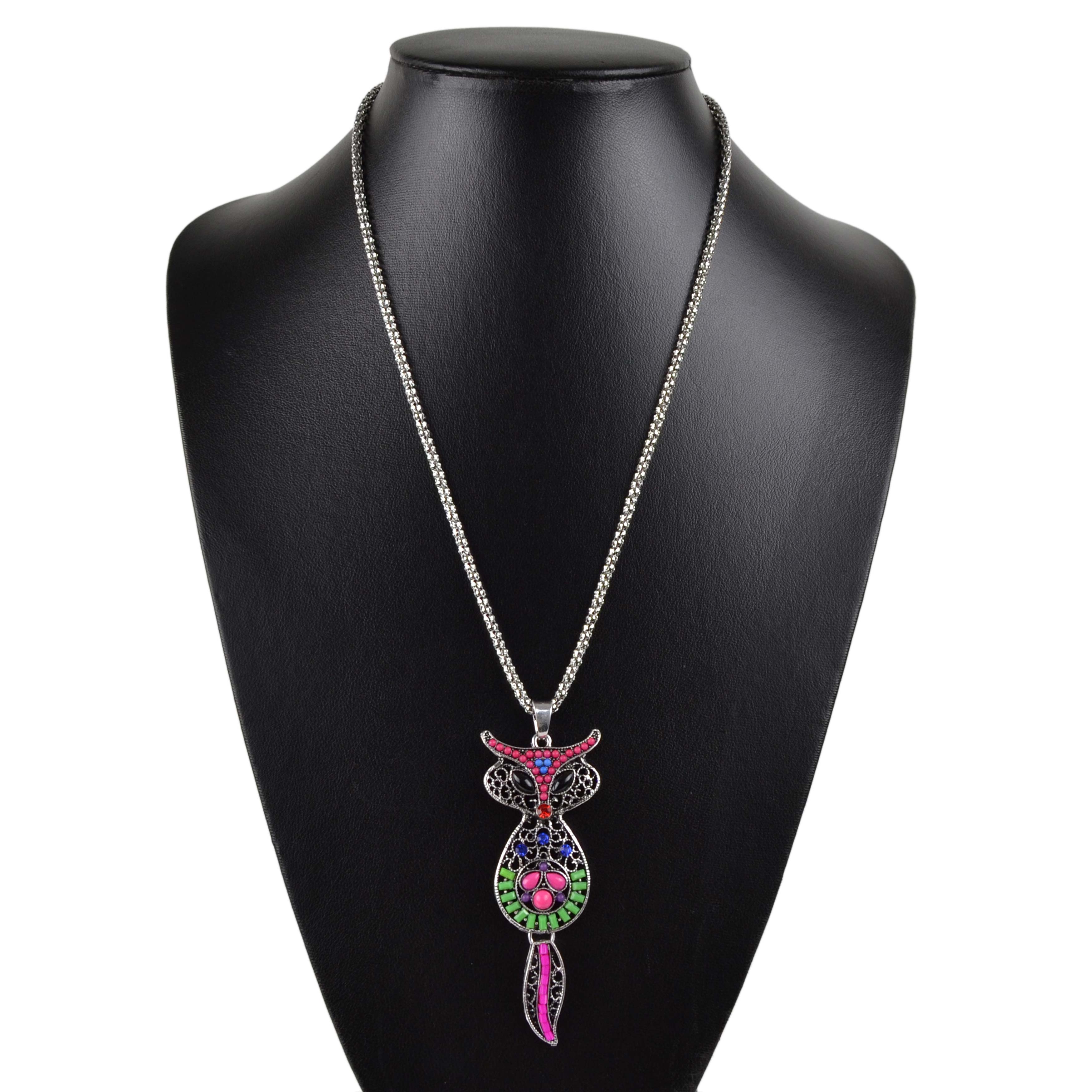 Ladies Long Crystal & Beaded FOX Pendant Necklace on Chain Cute Statement - Picture 2 of 5