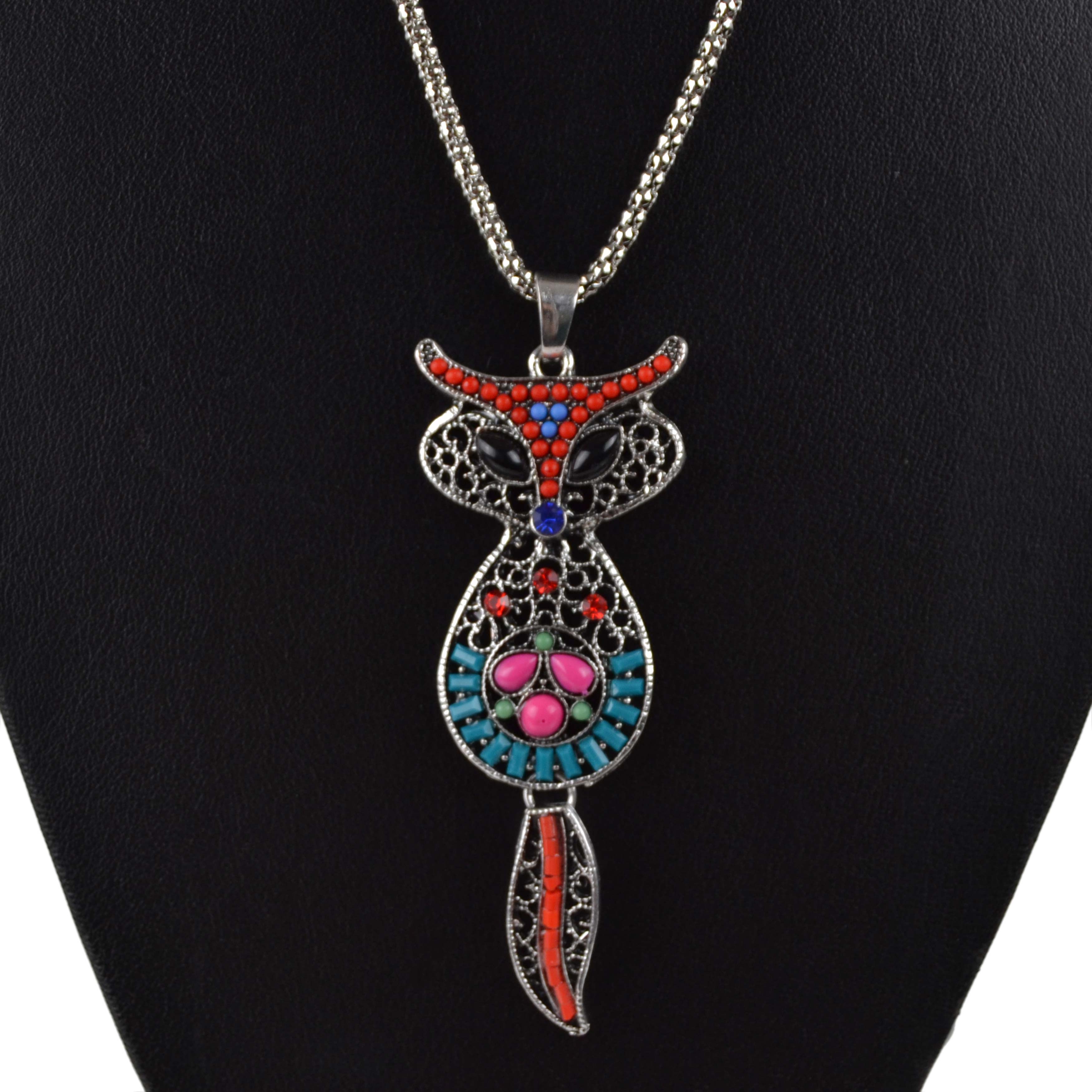 Ladies Long Crystal & Beaded FOX Pendant Necklace on Chain Cute Statement - Picture 5 of 5