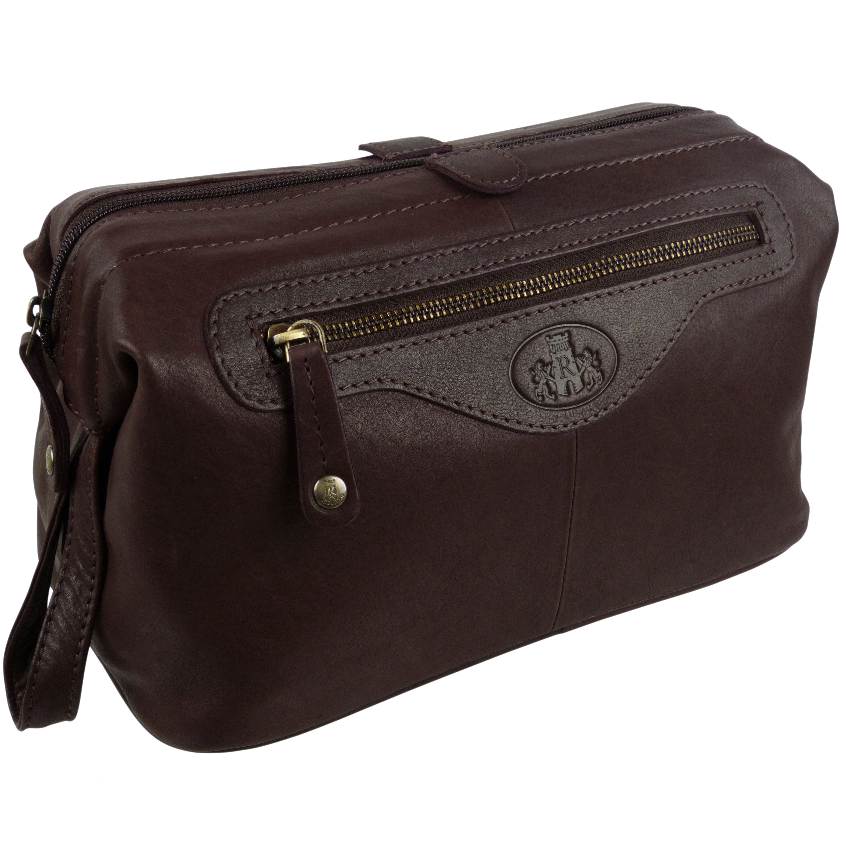 New Mens Rowallan Brown Leather Wash Bag Travel Toiletries Travel Stylish 